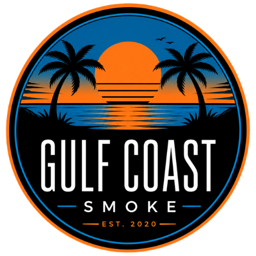 Gulf Coast Smoke Shop Main Blue and Orange logo with sunset